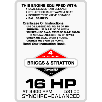 Briggs & Stratton 16HP Synchro Engine Decal, TM754.